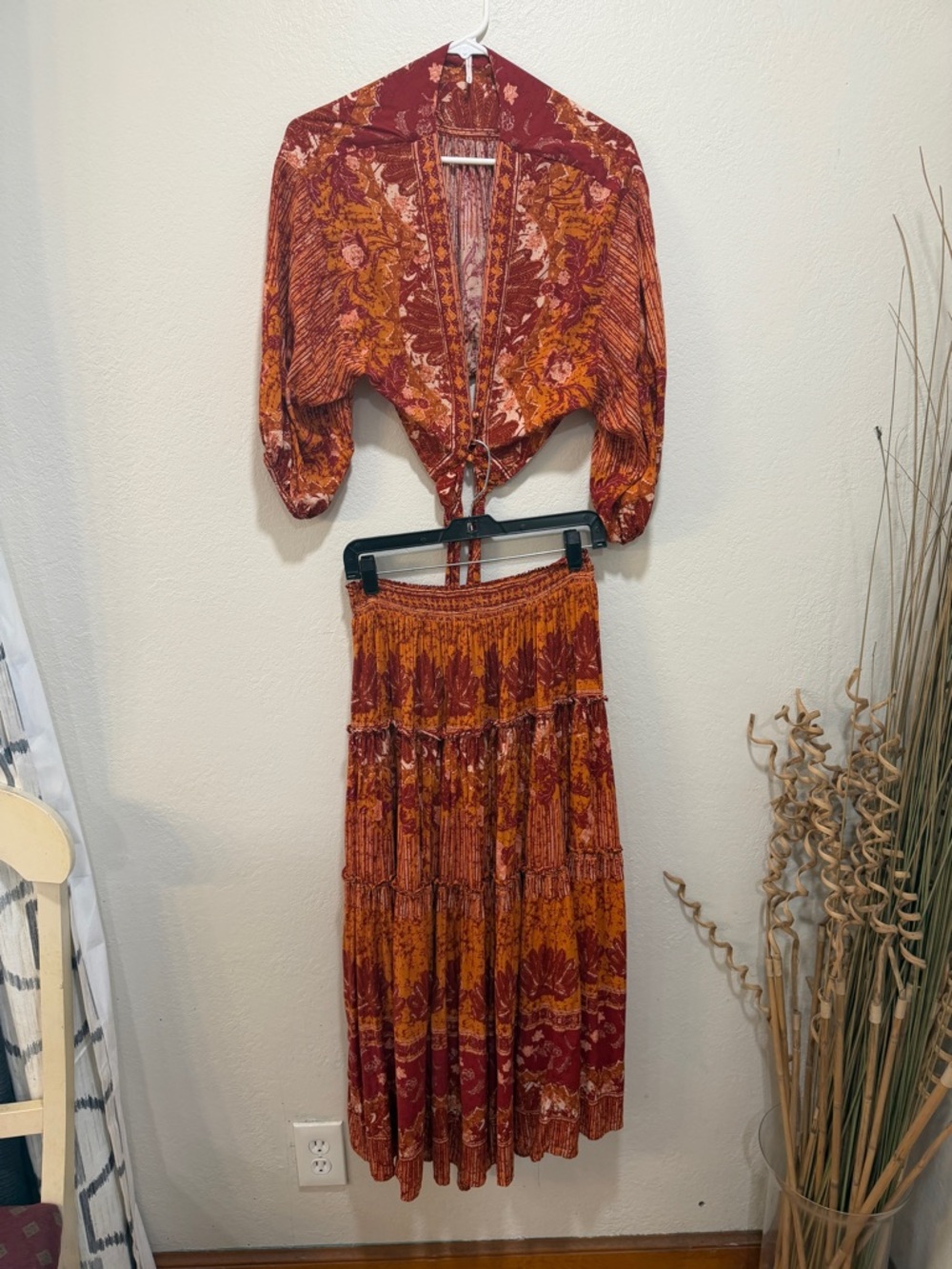 Free People Rust & Mustard Floral Tiered Maxi Skirt Set